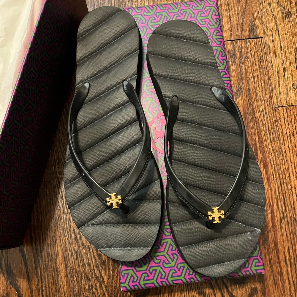 Tory Burch Black Flip Flops with Gold Accent